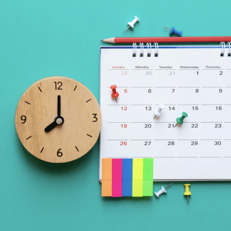 Clock, calendar, and planning tools representing executive functioning skills